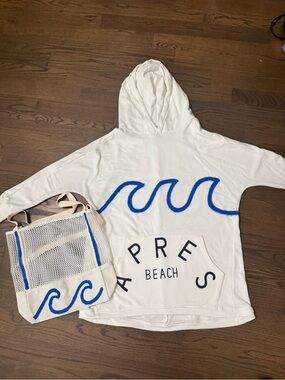 WREN+GLORY Oversize White Beach Hoodie with Blue Wave Plus Matching Bag- NO WEAR